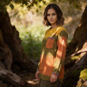 Cotton Bhutani Trim Long-Sleeve Round Neck Tunic - Tri Color (Orange)